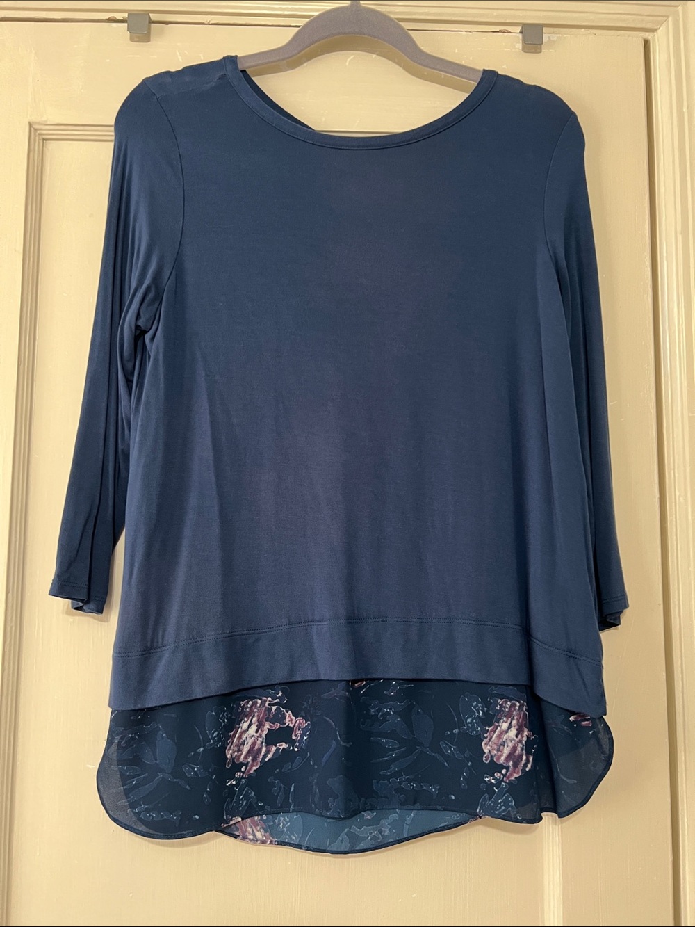 Lila Rose Navy Layered Hem Tunic with Floral Trim and floral tie back